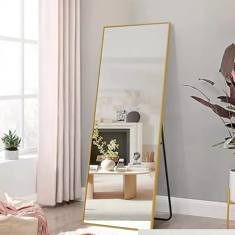 Cermin lantai ke langit-langit, cermin dinding, cermin terpasang dinding vertikal, bingkai tipis paduan aluminium (emas)