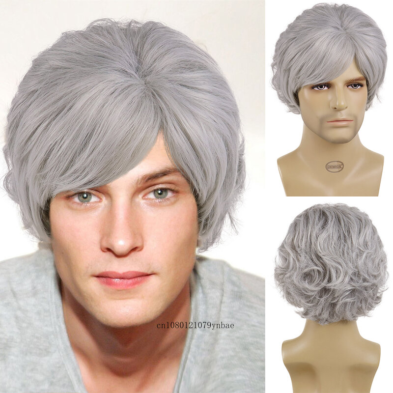 Ombre Grey parrucche per uomo capelli sintetici parrucca corta con frangia colore sfumato parrucca vecchio acconciature naturali Cosplay quotidiano Casual