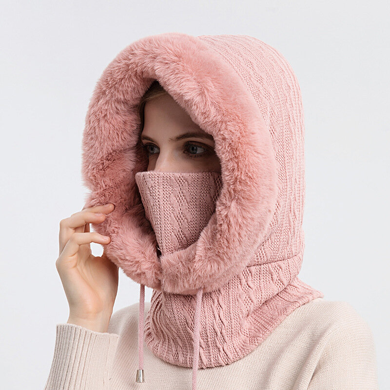 Woman Winter Hat Hooded Face Mask Fluff Keep Warm Thicken Style Womens Neck Scarf Hooded Cap Beanie Knitted Cashmere Neck Warmer