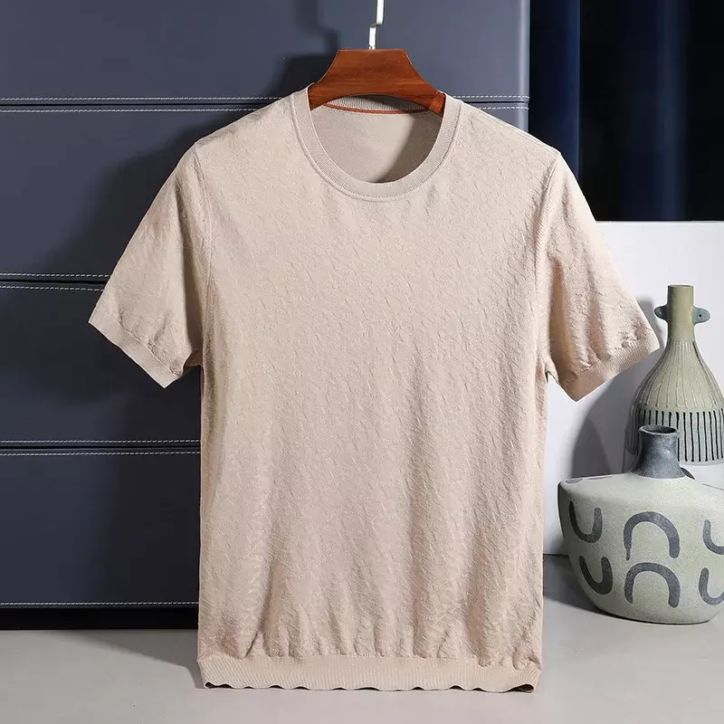 Camiseta de seda de morera para hombre, Top de punto de manga corta, estilo coreano, Color sólido, cuello redondo Simple, alta calidad, novedad de verano