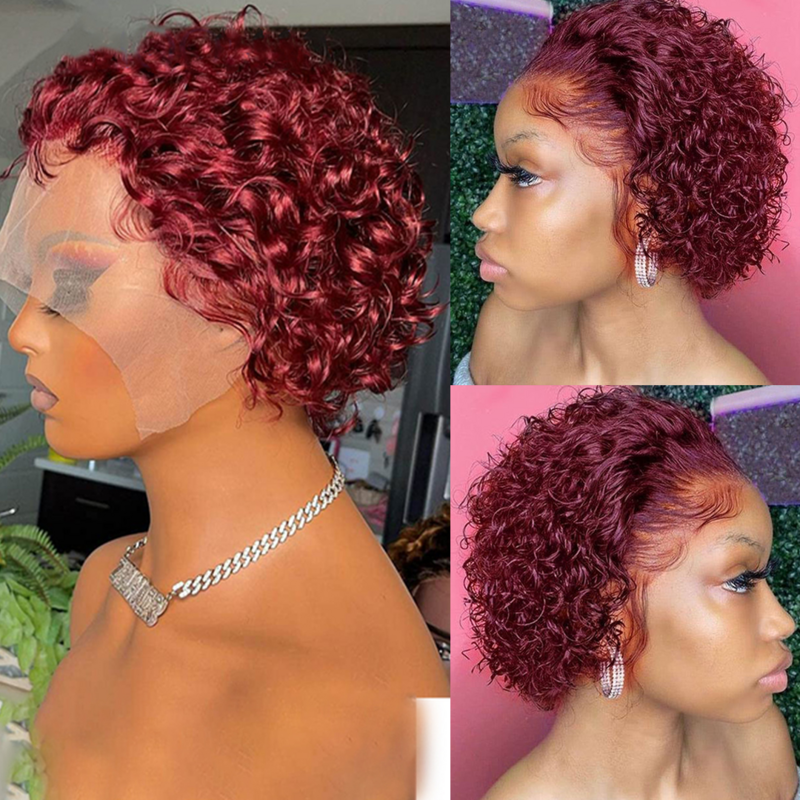 Perruque de cheveux humains bouclés courts pour femmes noires, perruque coupe lutin, document naturel transparent HD, pré-plumée, dentelle 13x1, 6 po