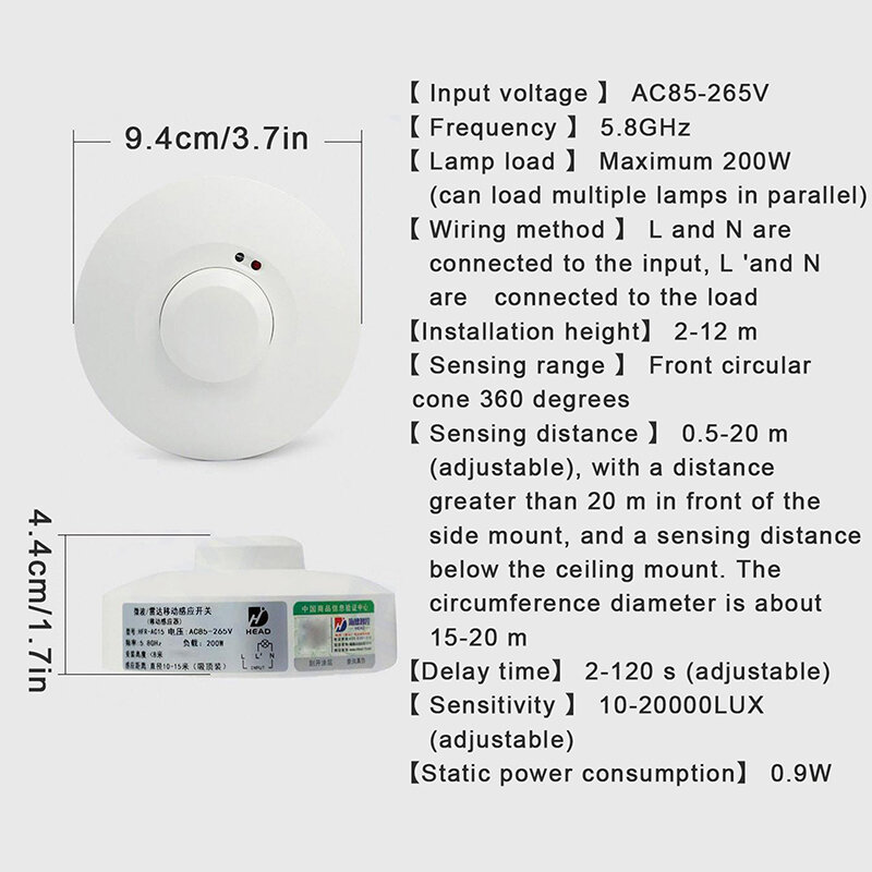 Interruptor de luz de Sensor de Radar de microondas LED, controlador de Sensor de movimiento del cuerpo humano, hogar inteligente, CA 85-265V, 5,8 GHz, 10A