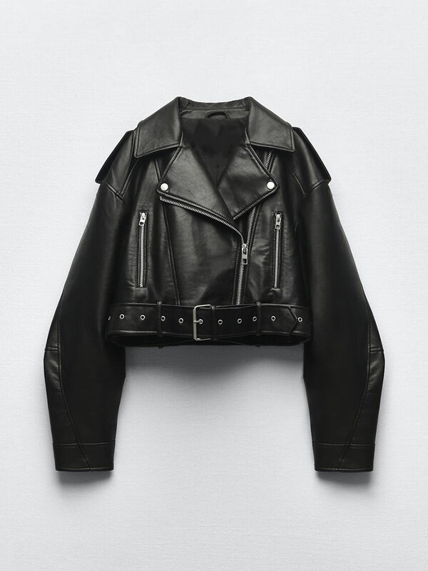 Vintage solto PU falso couro jaqueta com cinto para as mulheres, casaco curto motociclista, streetwear feminino, zíper retro, moto tops, outwear, 2023