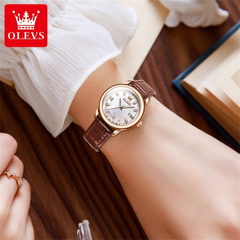 OLEVS-Reloj de pulsera de lujo para mujer, conjunto de caja de regalo de diamantes de desplazamiento, banda de cuero, reloj de pulsera de cuarzo luminoso impermeable para mujer, nuevo