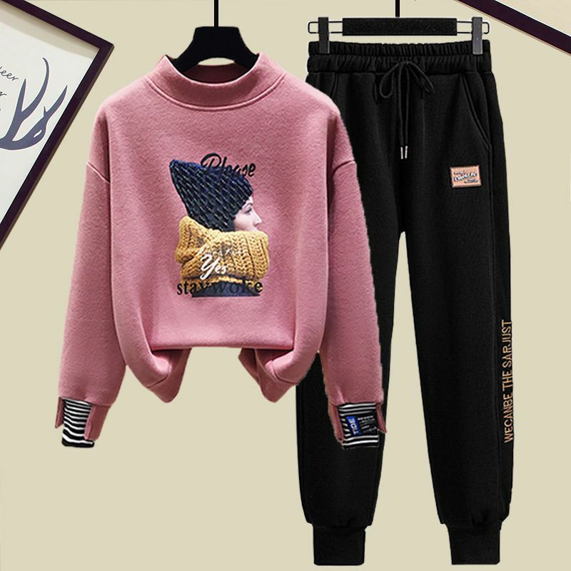 Setelan pakaian olahraga wanita, atasan Sweater dan celana kasual dua potong gaya Korea longgar Pink musim gugur dan dingin