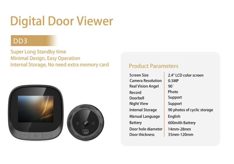 Timbre inteligente de seguridad para el hogar, mirilla con cámara infrarroja TFT LCD, visor de mirilla, vídeo, DD3, 2,4 pulgadas