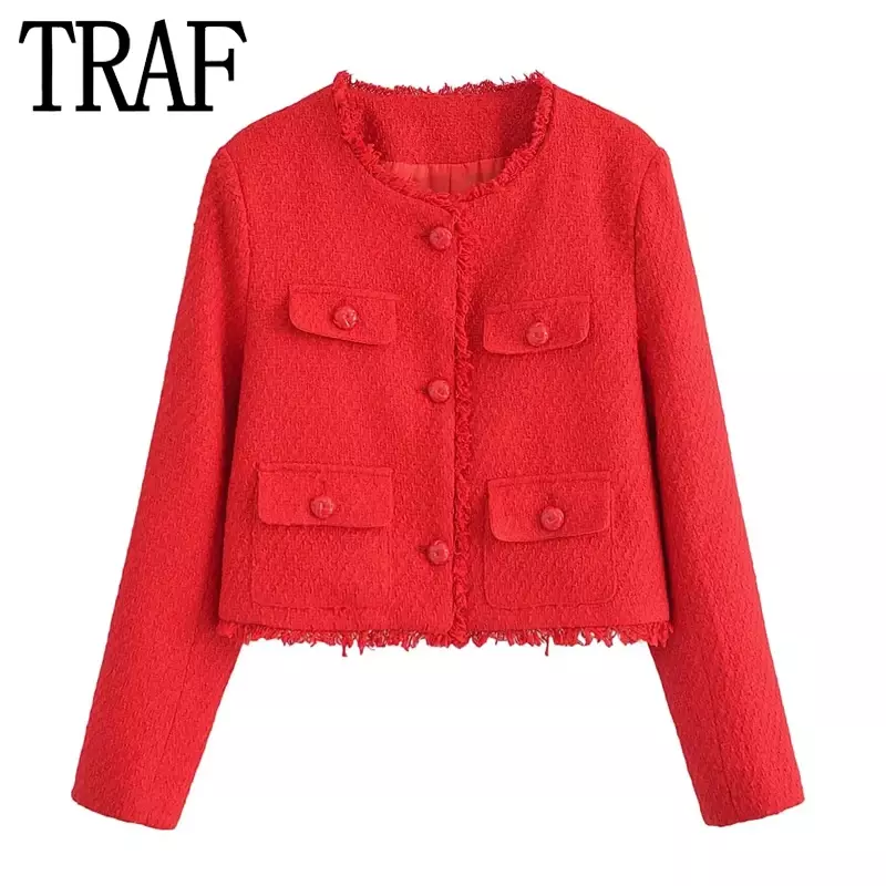 TRAF-Chaqueta corta de Tweed para mujer, abrigo elegante de manga larga con textura, color rojo, Otoño, 2024
