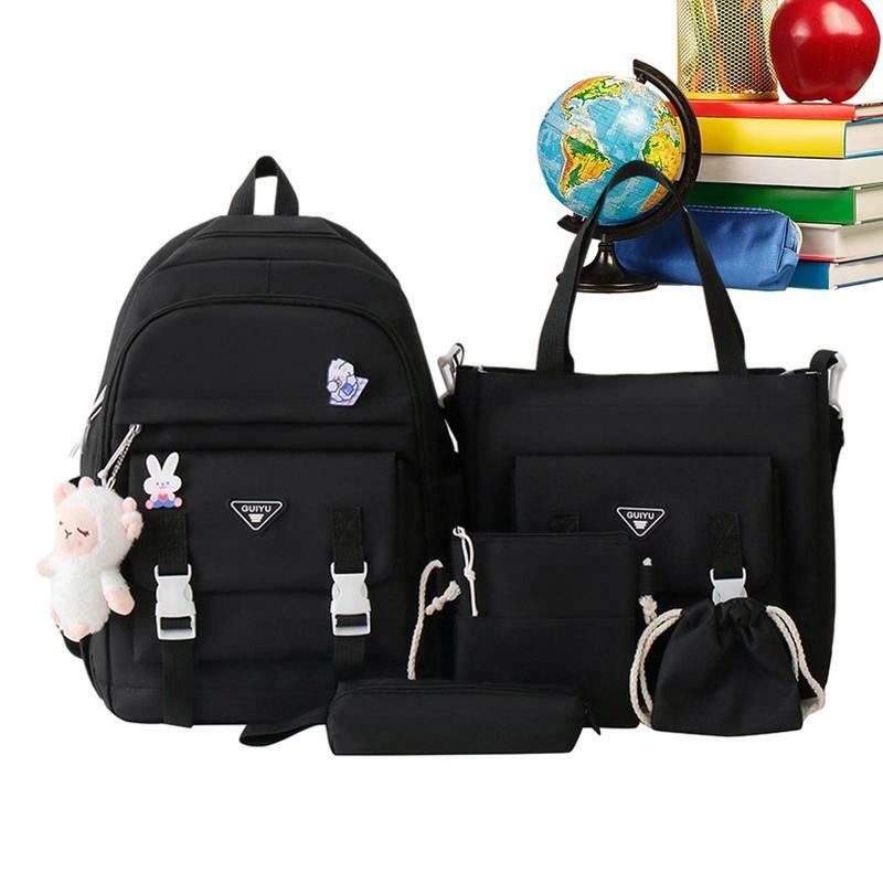Mochilas estéticas Kawaii de gran capacidad, juego de 5 piezas, mochila escolar con bolso de hombro, bolso de lápiz, bolso de mano con cuerda