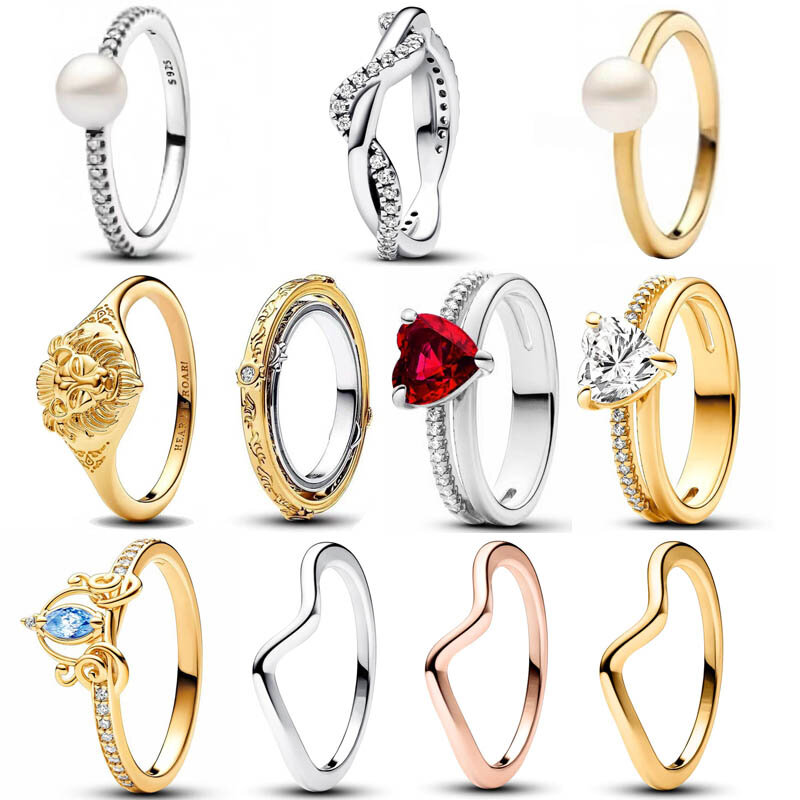 Autentico anello in argento Sterling 925 lucido onda doppia fascia con anello di eleganza perla cuore rosso per gioielli moda regalo donna