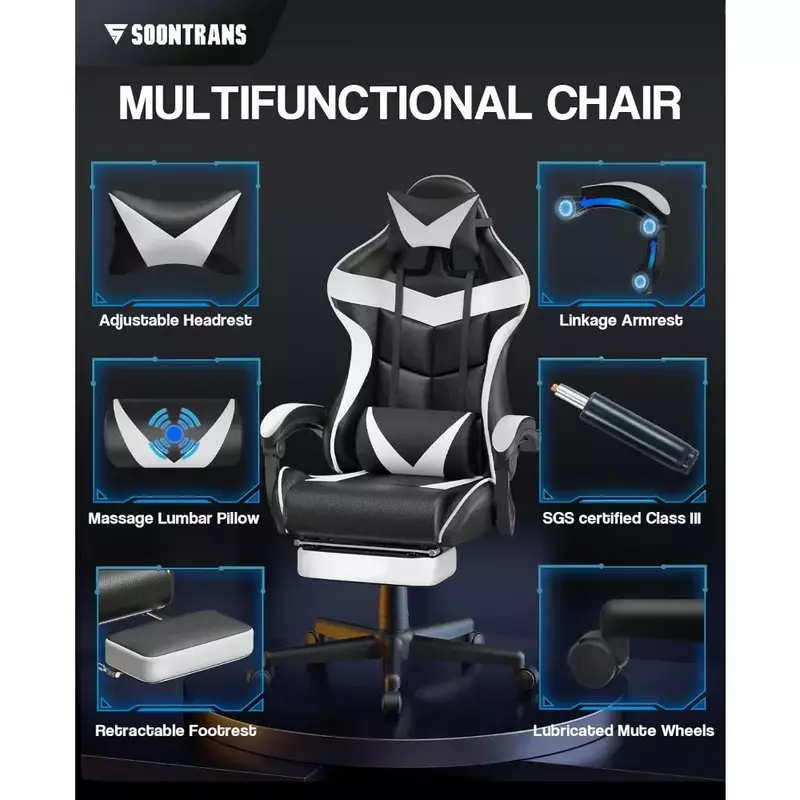 Kursi berbaring kantor (putih Polar) kursi pemain ergonomis, kursi permainan Video dengan sandaran kepala untuk dewasa remaja