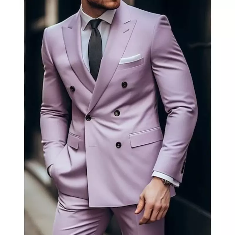 Lilac Men's Wedding Suits Solid Color 2 Pieces Plus Size Daily Tailored Fit Double Breasted 6 Buttons Business Formal Men Suits