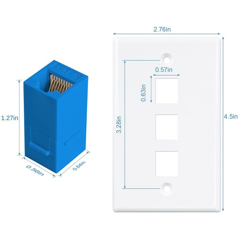 Placa de parede Ethernet com Keystone, RJ45 Keystone, Inserção de acoplador inline, Cat6, 3 portas, 1 pacote