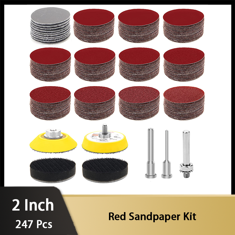 2 Inch Rood Schuurpapier Kit 247 Stuks Diverse Gruis Met Back-Pad Interface Pad Bevestiging Voor Roterende Schuurmachine Pads Slijpen Hout