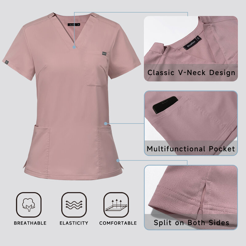 Atasan Lengan Pendek Seragam Scrub Multiwarna + Celana Seragam Perawat Wanita Toko Hewan Peliharaan Set Scrub Operasi Medis Scrub