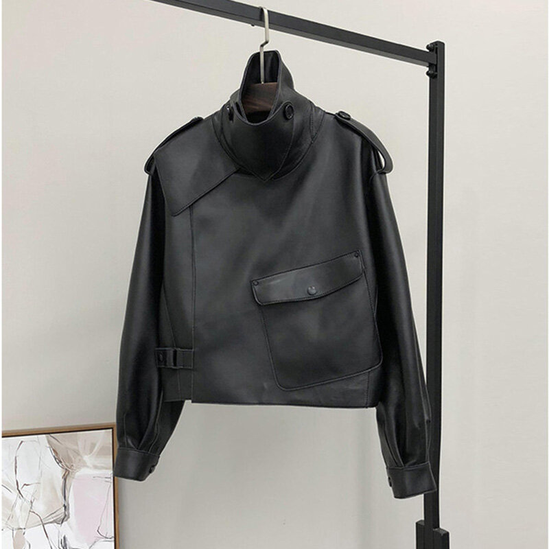 FMFSSOM 2024 Весенняя женская короткая куртка из искусственной кожи на одной пуговице, черная мотоциклетная ветрозащитная куртка, теплая верхняя одежда с отложным воротником