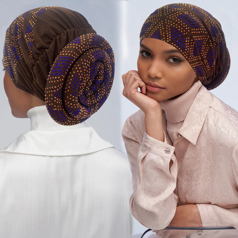 2023 Glitter Diamonds Women's Turban Cap Elastic Muslim Head Wrap Female Headscarf Bonnet Lady Summer Beanie Hat Party Headwear