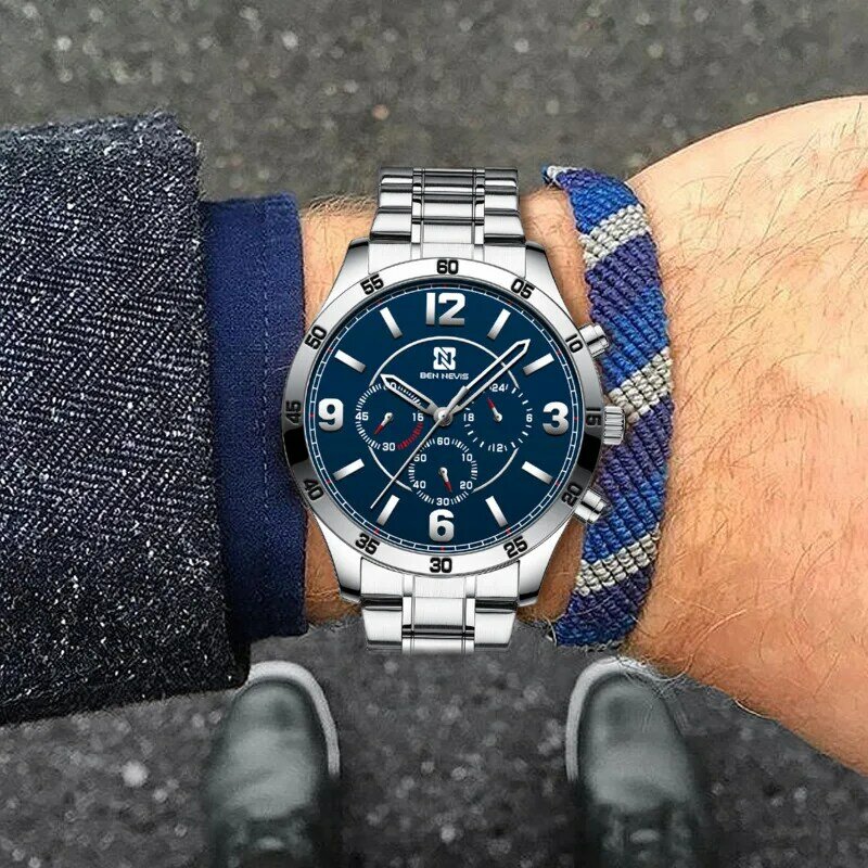นาฬิกาควอทซ์ผู้ชาย, นาฬิกาแฟชั่นสำหรับนักธุรกิจชายมีตัวจับเวลากันน้ำได้หกขาสายนาฬิกาสแตนเลสสตีลนาฬิกาควอทซ์ reloj