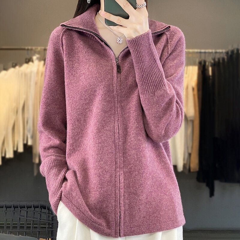High Neck Zipper 100% Pure Wool Cardigan Women's Autumn And Winter Loose Long-Sleeved Sweater Lapel Coat Sweater