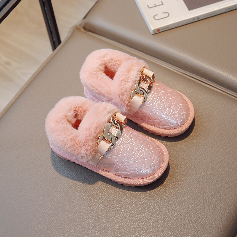 Para meninas sapatos de algodão 2023 inverno de pelúcia quente anti-skid sapatos de lã princesa com corrente moda estilo coreano deslizamento-on cor sólida novo