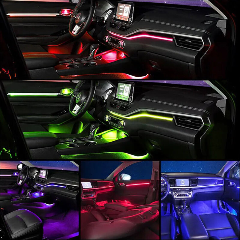 6 인 1 18 인 1 자동차 인테리어 엠비언트 조명 스트립 64 색 RGB LED 아크릴 광섬유 조명 가이드 장식 분위기 램프 앱, 자동차 인테리어 앰비언트 조명 스트립