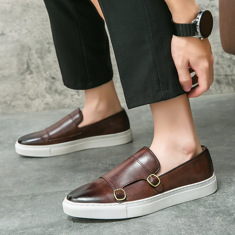 Fashion Man Casual Shoes Leather Men's Retro British Style Loafers Slip-on Outdoor Flats Double Monk Business Daily Shoe