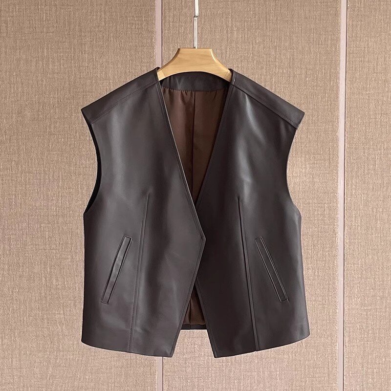 Women's V-Neck Solid Leather Vest, Loose Tank Top, Genuine Sheepskin Vest, Clip Sleeveless Coat, Spring and Autumn