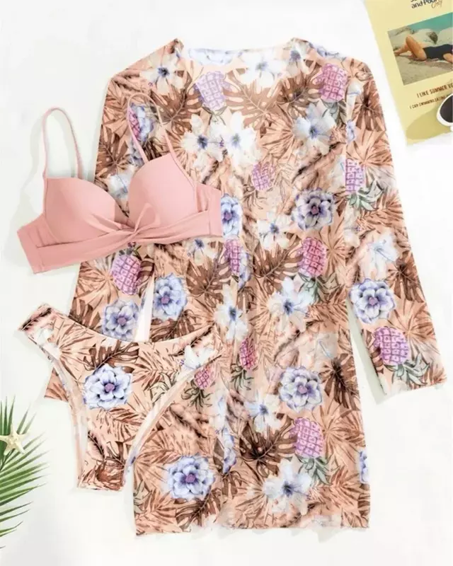 MINISO Low Twist Flowers Covered in Bikini Set Cover Up Sea Clothes Women Pushing Up Long Sleeves Three Pieces of Sea Clothes
