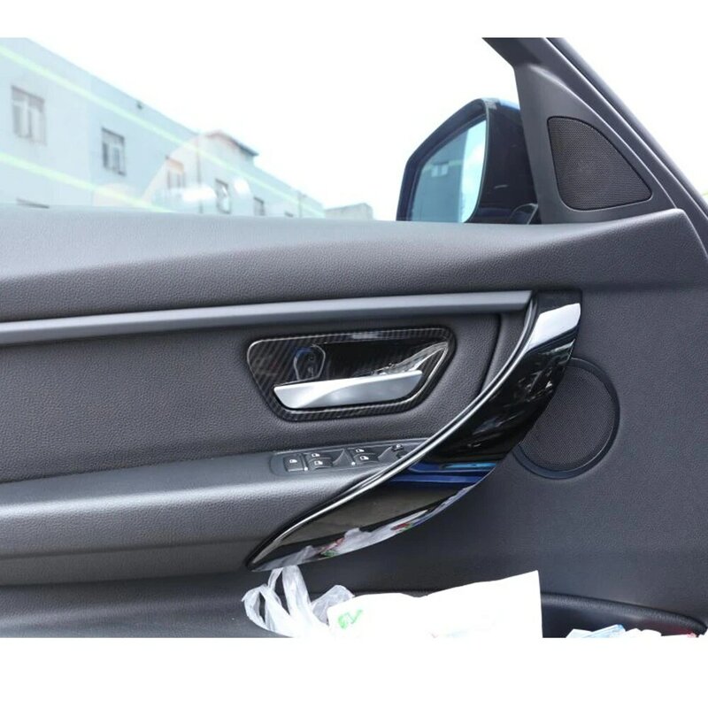ที่จับประตูรถคาร์บอนไฟเบอร์รูปลักษณ์ที่หุ้มขอบสำหรับ BMW 3 4ชุด F30 F34 3GT อุปกรณ์ตกแต่งรถยนต์ภายใน ABS สีเงิน