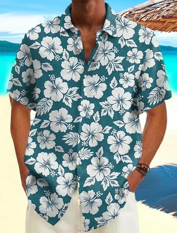 Camisa havaiana masculina, camisa casual, camisa de praia, manga curta, flor, plantas, lapela, roupa havaiana de férias, verão