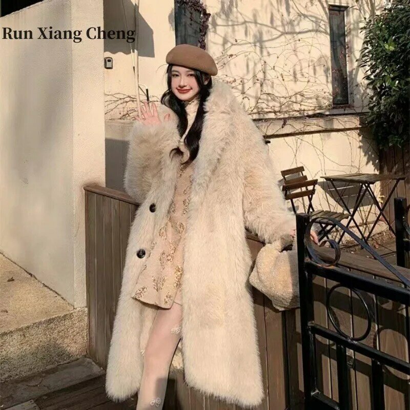 Run Xiang Cheng 2023เสื้อโค้ทขนสัตว์สำหรับผู้หญิง, เสื้อโค้ทขนสุนัขจิ้งจอกยาวถึงเข่าเสื้อคลุมขนสัตว์แบบบาง gratis ongkir หนาสำหรับวัยรุ่น
