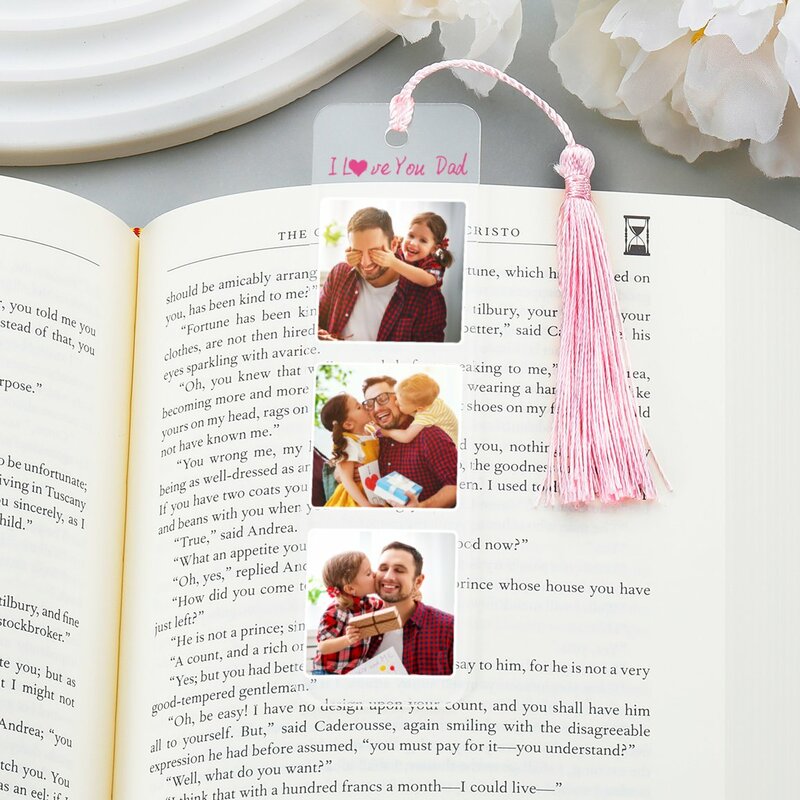 Livro de leitura acrílico personalizado com Tassel, 3 fotos Bookmark, presente do dia do pai, acessório para presentes de papel