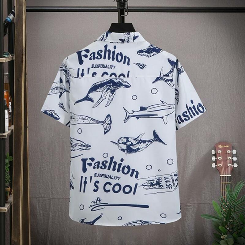 남성용 하와이안 스타일 의상 세트, 패턴 셔츠 포함, 탄성 드로스트링 반바지, 해변 의상, 2 개/세트