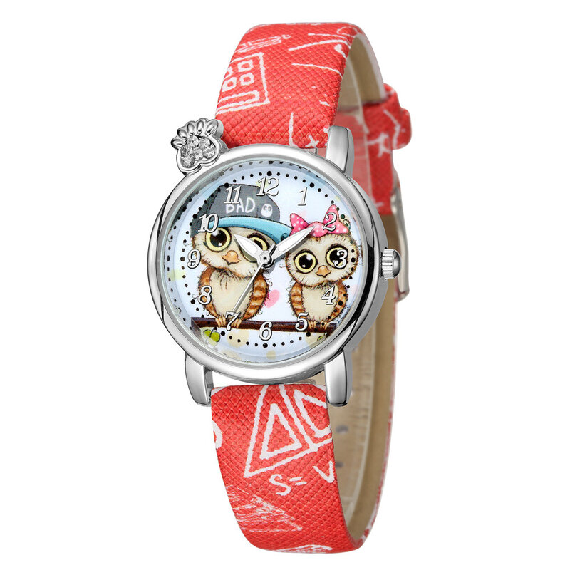 Bonito e doce estilo casual coruja padrão cinto relógio feminino diamante-cravejado menino menina crianças dos desenhos animados relógio de quartzo