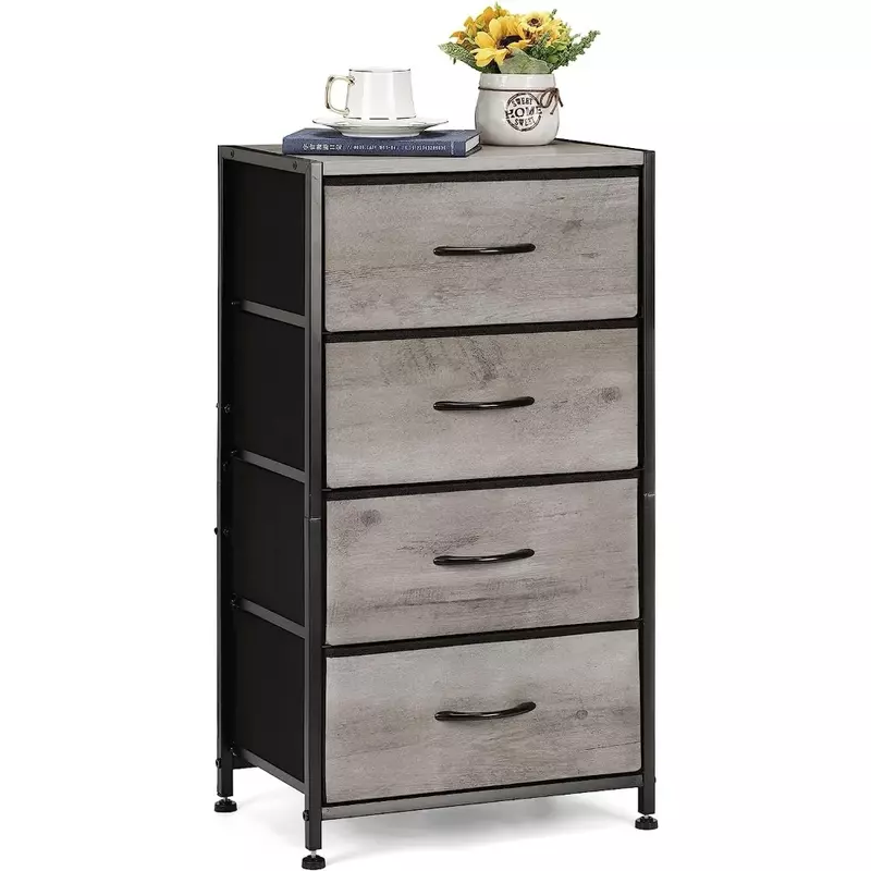 Dresser with 4 Drawers, Fabric Dressers Storage Drawers, Sturdy Steel Frame & Wood Top, Gray, Suitable for Bedroom, Guest Room