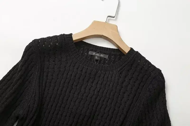 Suéter oco solto de malha feminino, requintado com decote em O, pulôver de manga curta, blusa retrô, moda casual, novo, outono, 2023