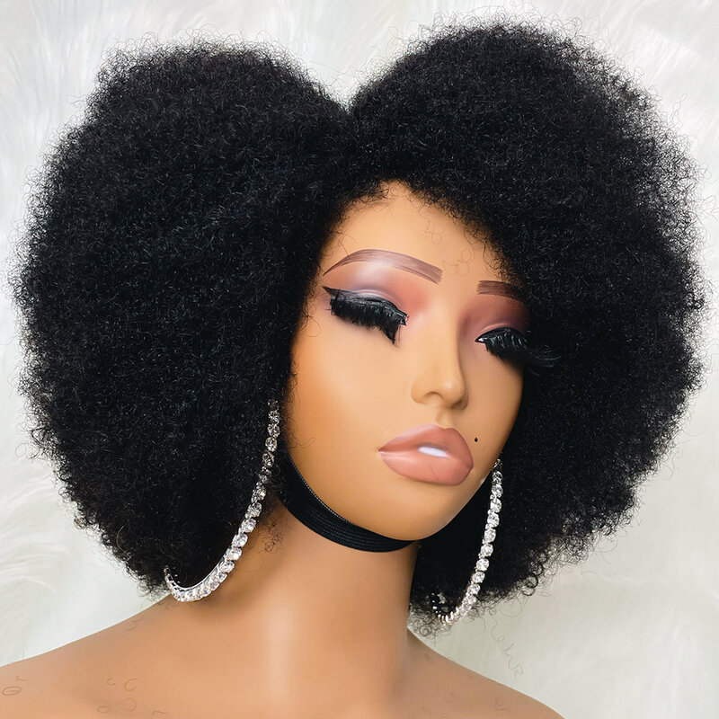 Perruque Lace Front Wig afro naturelle, cheveux humains crépus bouclés, coupe courte, 13x4x2, sans colle