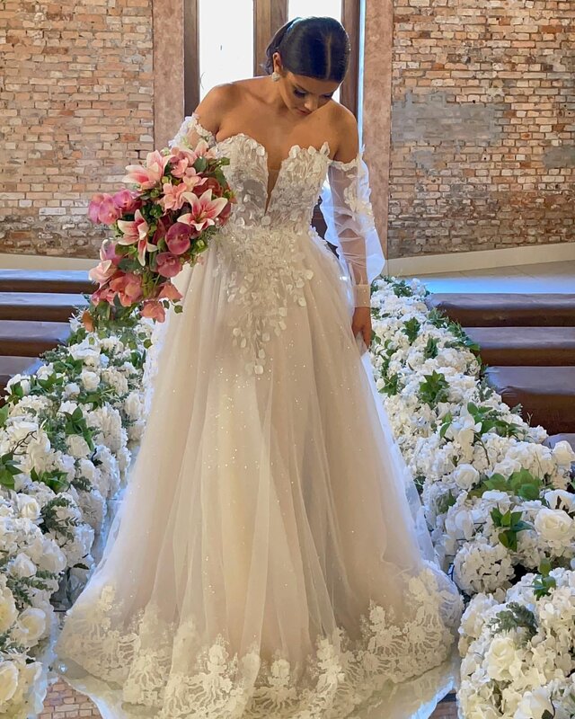 Vestido de novia de encaje Floral, traje de corte en A, manga corta, talla grande, marfil, ZJ037, 2023