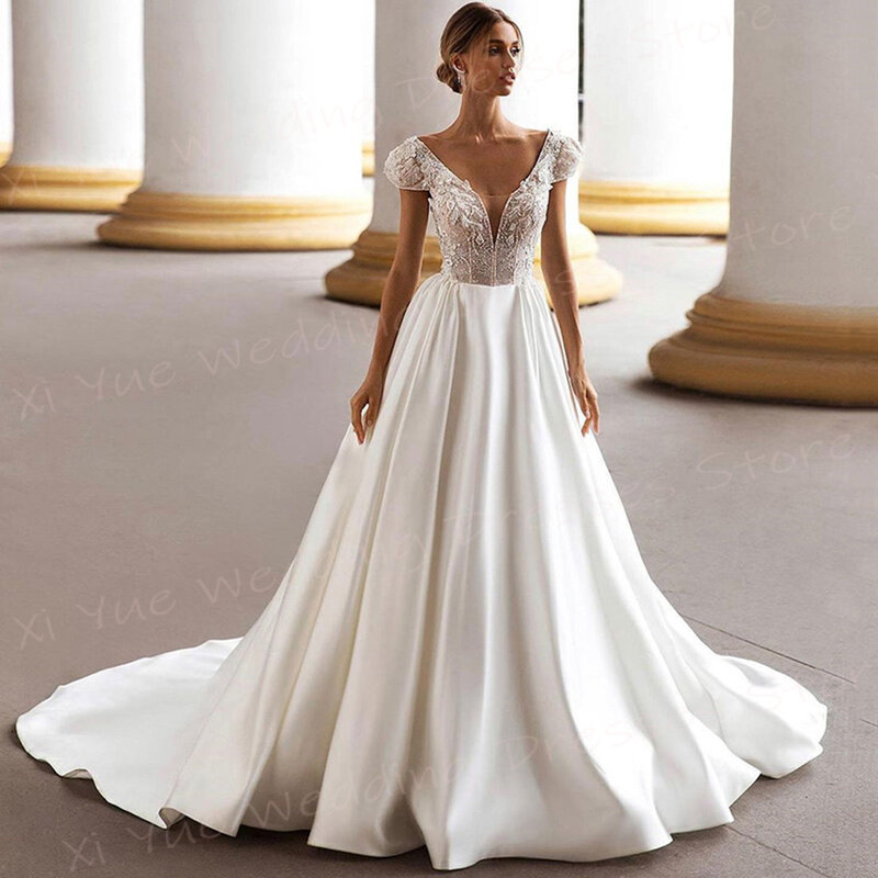 Gaun pernikahan wanita Modern elegan gaun pengantin lengan topi renda applique A-Line indah gaun pengantin Backless Vestidos De Novia Lujo