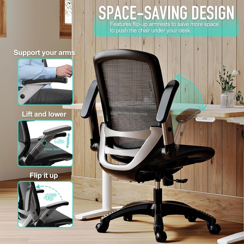 GABRYLLY 인체 공학적 사무실 의자, 메쉬 책상 의자, 요추 지지대 및 조절 가능한 플립업 암, 부드럽고 넓은 좌석