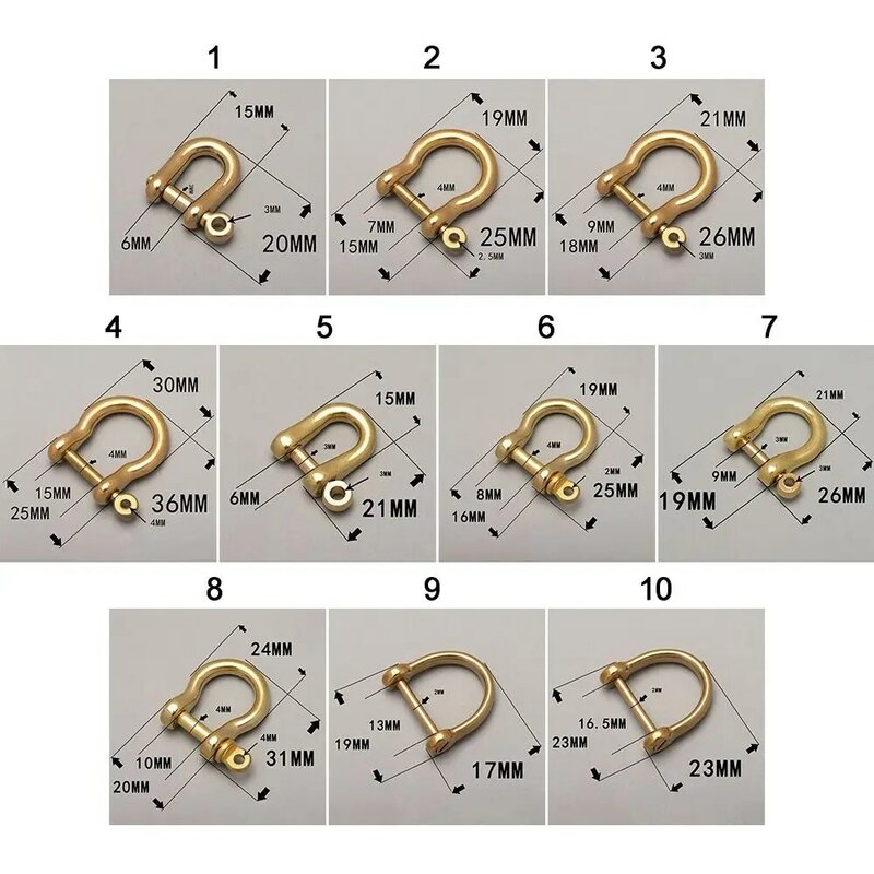 10 Styles Copper Keychain Hook Shackle Fob Solid Carabiner D Bow Staples Key Ring Bracelet Buckle Screw Joint Connector Tools