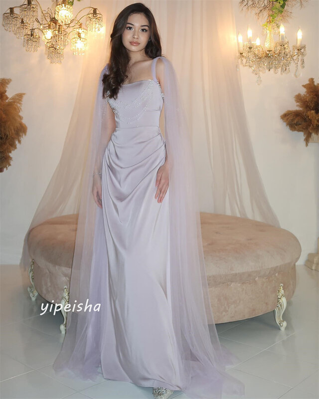 Ball Dress Evening Saudi Arabia Jersey Beading Ruched Engagement A-line Square Neck Bespoke Occasion Gown Long Dresses