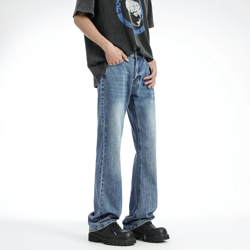 Jeans masculino meio elástico na cintura, Perna reta, Calças Slim Cut, Jeans