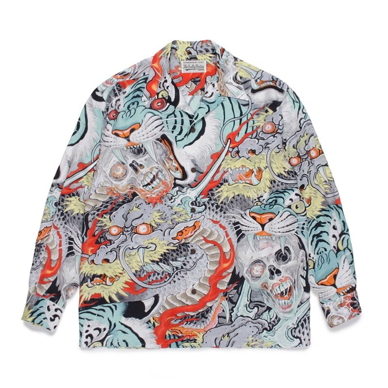 WACKO MARIA Long Sleeve Shirt Dragon Tiger Totem High Quality Brand Vintage Mens Womens Tops Hawaii Shirt