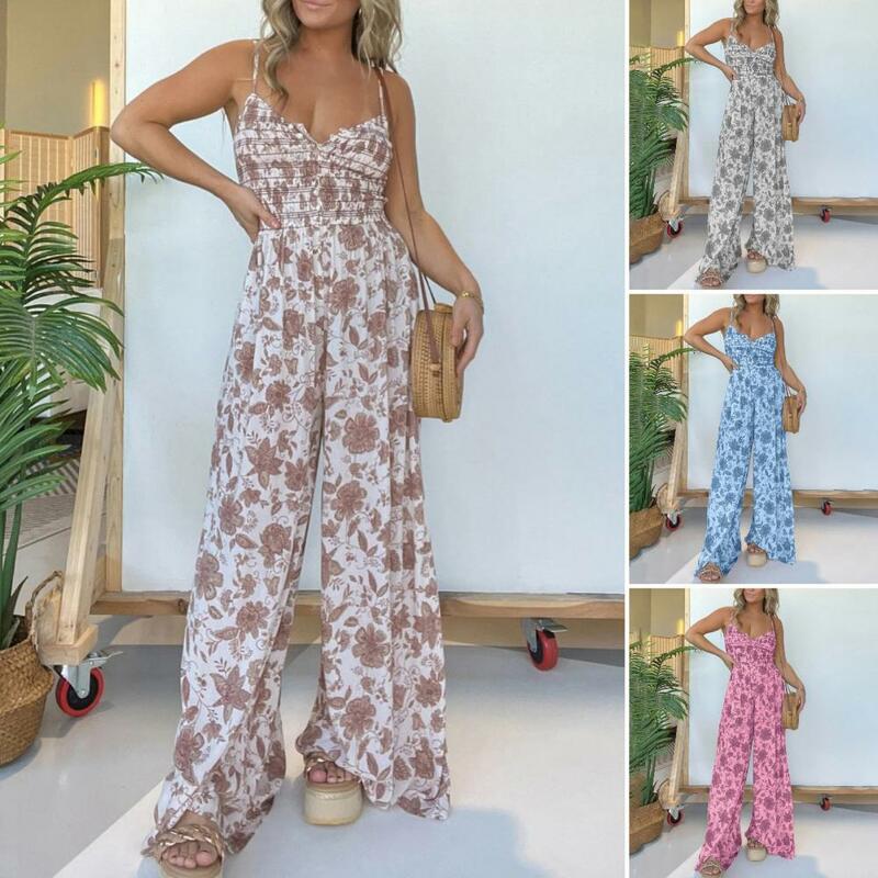 Loose Fit Jumpsuit Lady Dating Jumpsuit Floral Print V Neck Jumpsuit for Women Wide Leg Summer Romper with Elastic for Vacation
