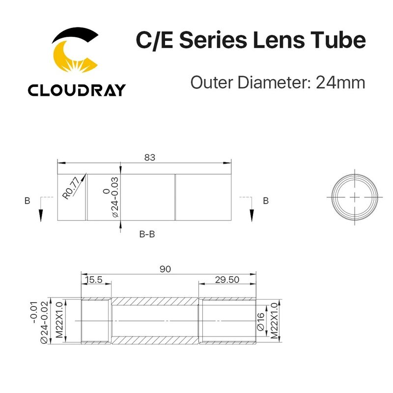 Cloudray-CO2 Corte a laser e máquina de gravura, tubo de lente para D20 F50.8 63,5 101,6mm, série C e E, diâmetro 24mm
