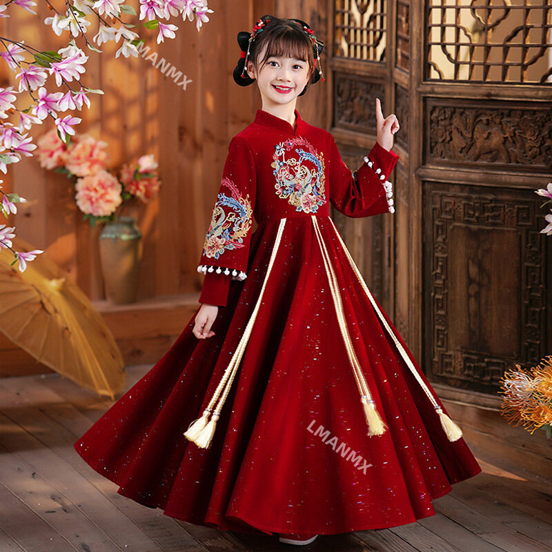 Fairy Hanfu Cosplay Girls Festival  Traditional Chinese New Year Clothing Hanfu Dress Kids Red Stage Performance Costume