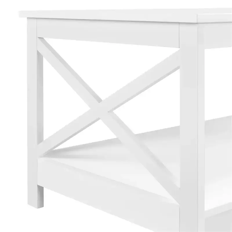 Mesa de centro rectangular con estante de almacenamiento, diseño en X, madera moderna, blanco