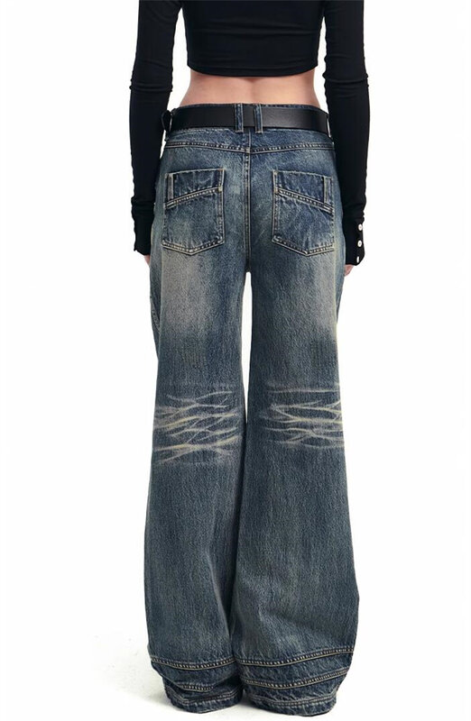 Женские голубые джинсы, винтажные мешковатые джинсовые брюки в стиле Харадзюку, ковбойские брюки с широкими штанинами Y2k, модная одежда в японском стиле 1920-х годов большого размера