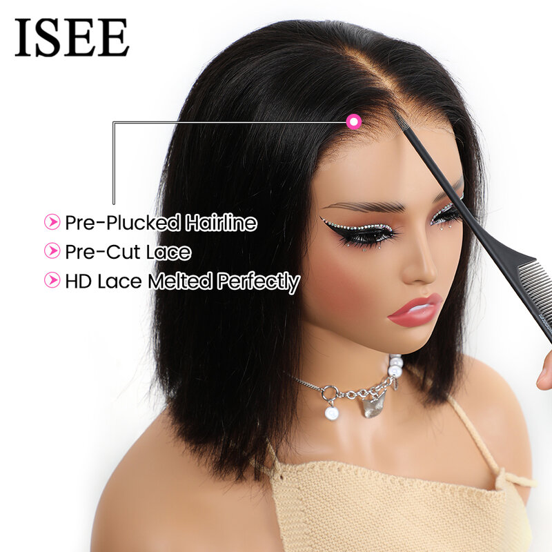 ISEE Wig rambut manusia tanpa lem, Wig Bob HD renda lurus pendek Bob 6x4 renda Frontal untuk digunakan