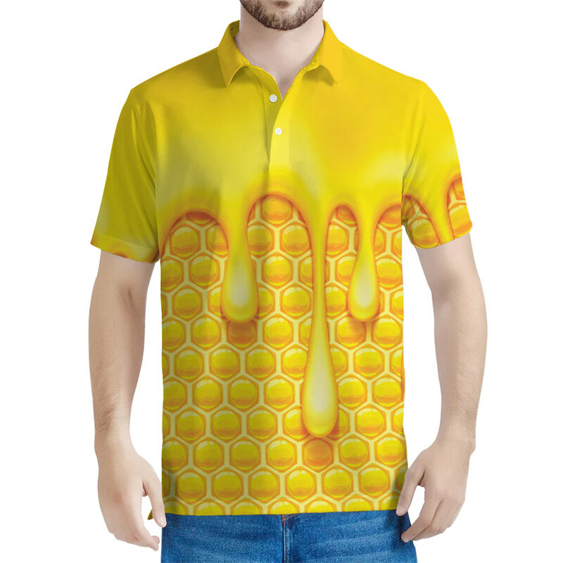 Футболка-поло мужская с 3D-принтом пчелы, милая рубашка с Сотами, с короткими рукавами, с лацканами, летняя свободная футболка на пуговицах